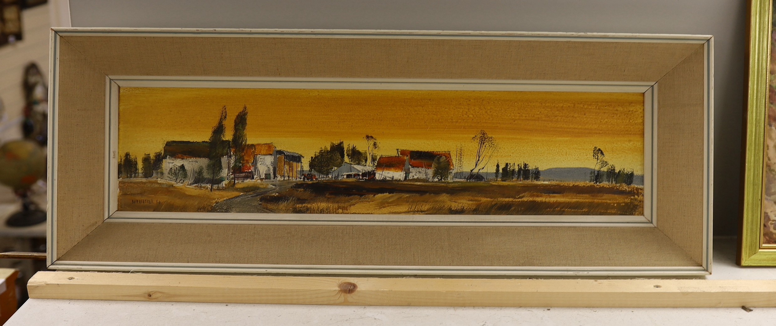 Michael Barnfather (1934-), oil on board, 'Near Chipping Sodbury', signed and dated '66, 14 x 60cm